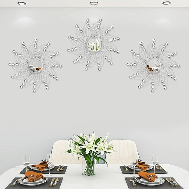 Uaussi 3 Pack Crystal Sunburst Wall Mirror Décor Rhinestone Mirrors Decorative Home Wall Art for Living Room Bedroom Entryway(Curle Burst Silver)