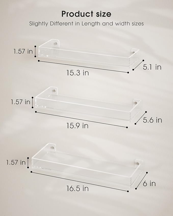 MaxGear Acrylic Clear Floating Shelves with Edge, Wall Mounted Hanging Bookshelves, Decorative Display Wall Shelves Storage Organizer for Bathroom, Bedroom, Kitchen, Easy Installation, Set of 3