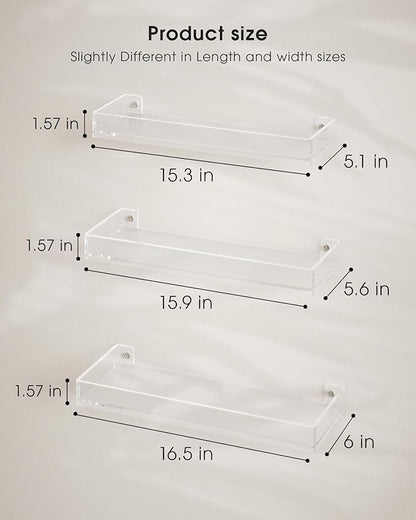 MaxGear Acrylic Clear Floating Shelves with Edge, Wall Mounted Hanging Bookshelves, Decorative Display Wall Shelves Storage Organizer for Bathroom, Bedroom, Kitchen, Easy Installation, Set of 3