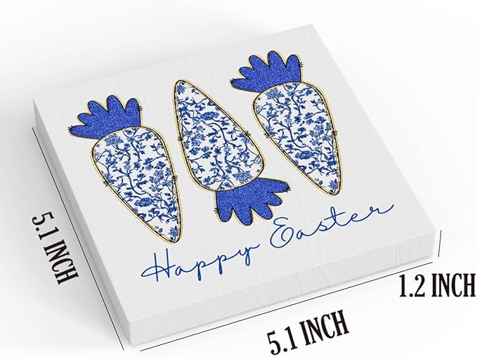 Happy Easter Sign Easter Table Decor Carrot Decor Blue And White Chinoiserie Decor Wooden Box Sign for Home Office Bedroom Living Room Desk Shelves