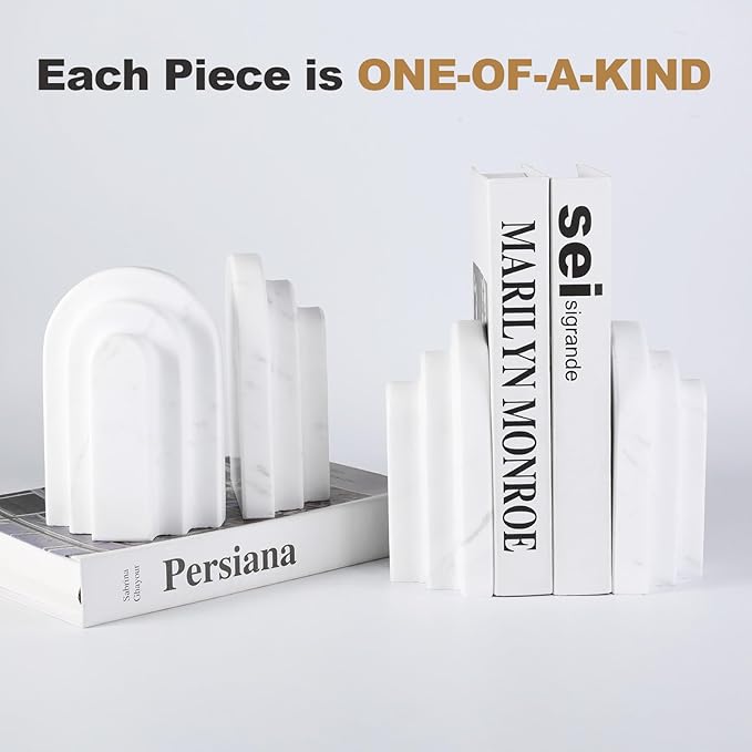 Natural Marble Book Ends - Heavy Duty Bookends for Shelves - Aesthetic Layered Arch Design Stone Book Holders, Decorative Modern Office Bookshelf Stopper Decor for Books/CDs, White