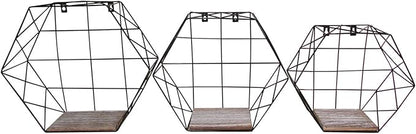 Admired by Nature 3pcs Hanging Shelves, Accent Wall Shelf, Hexagon Shelves, Wall Storage Shelves, Display Shelf, Wire Decorative Floating Shelves, Geometric Wall Decor for Home Décor, Black