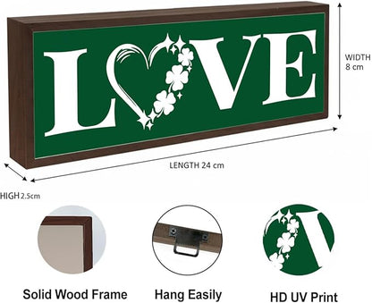 Clover Love Sign, Stylish Wooden Plaque Signs, Beautiful Home Decor, Shamrocks Wooden Box Sign, Shelf Table Mantel Decoration, Farmhouse Decor for St. Patrick's Day, 9.5x3.1x1 inches