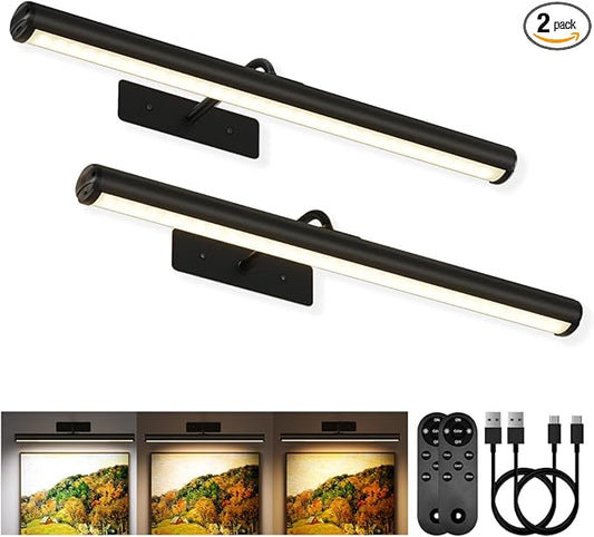 EZVALO 16in Picture Lights for Wall, Rechargeable 6000mAh Cordless Art Lights with Remote, 3 Color Temperatures LED Painting Lights for Artwork, Frames, Gallery (Black, 2Pack)