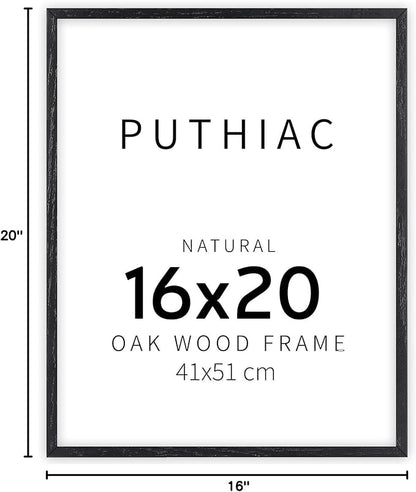 puthiac 16x20 Solid Oak Wood Picture Frame, Fits 12x16 with Mat or 16x20 Without Mat, Wall Display Only, Vertical or Horizontal, Plexi Front, 1 Pack, Black