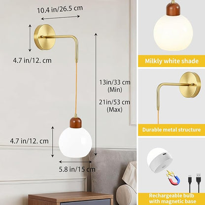 Battery Operated Wall Sconces Set of 2, Gold Rechargeable Wireless Wall Lights with Milky White Shade, 12 RGB and 3CCT Dimmable Wooden Wall Lamps with Remote for Bedroom Living Room Hallway