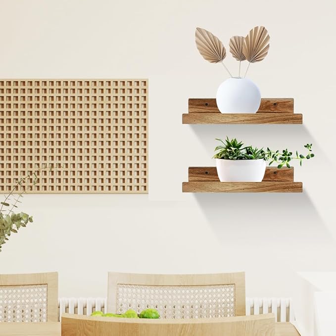 Z metnal Mini Floating Shelves, Small Natural Wooden Display Wall Shelf for Picture Ledge, Natural Color, Wall Mounted, 12 x 5.5inch, 2 Pack
