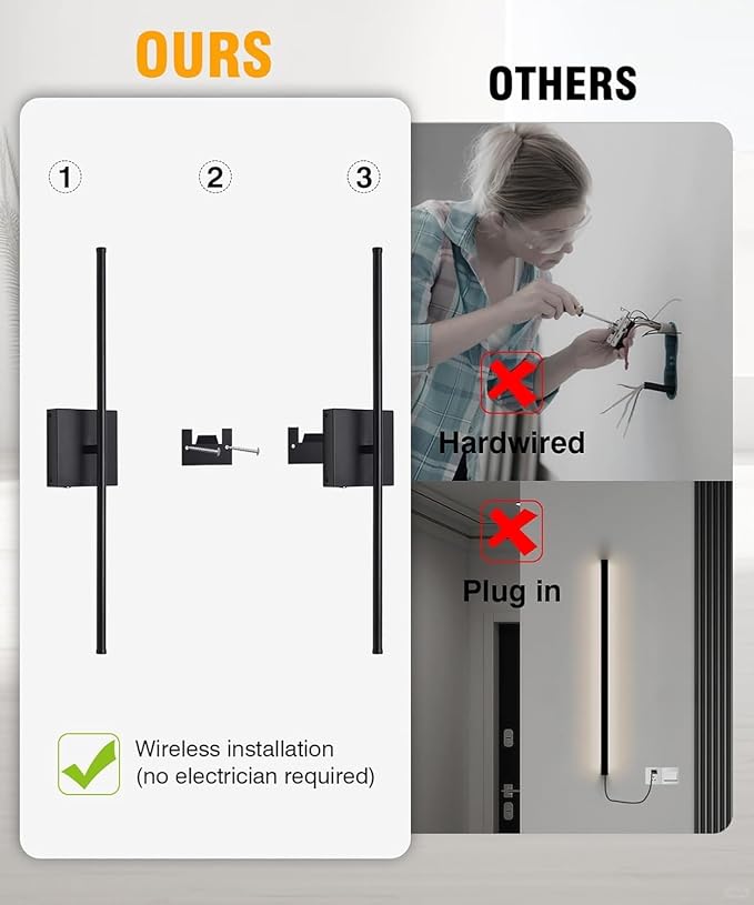 Battery Operated Wall Sconces Set of 2, Dimmable Battery Wall Sconce with Remote Control, Black LED Rechargeable Sconces, 36 Inch Modern Wireless Wall Lights for Bedroom, Living Room,Hallway