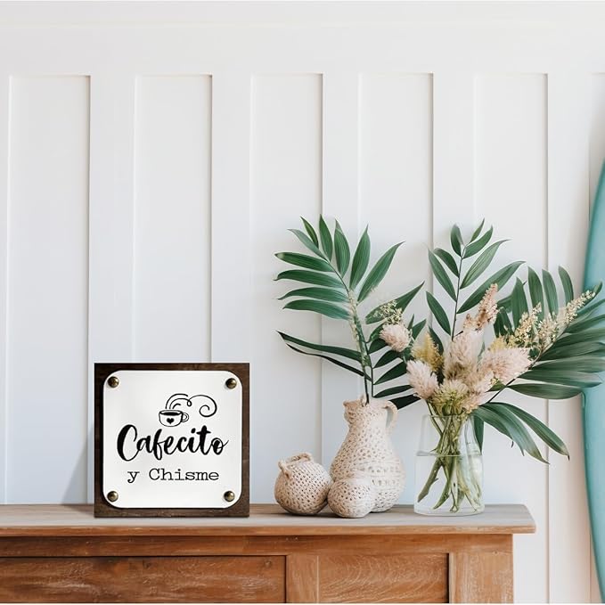 Cafecito Y Chisme Sign, Spanish Coffee Sign, Wooden Box Signs Decors Art, Coffee Table Art, Spanish Home Kitchen Decoration for Coffees Lovers, Coffees Station Decors