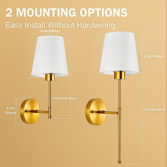 Wireless Wall Sconces Set of 2 with Remote — Gold Pleated Shades Cordless Rechargeable E26 Bulbs, 12 RGB Colors + 3000K/4000K/6000K, Dimmable Wall Mounted Lamps for Bedroom Living Room Hallway