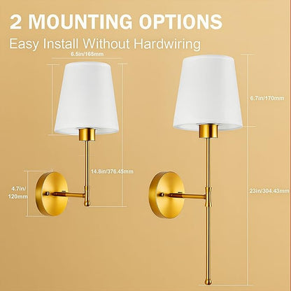 Wireless Wall Sconces Set of 2 with Remote — Gold Pleated Shades Cordless Rechargeable E26 Bulbs, 12 RGB Colors + 3000K/4000K/6000K, Dimmable Wall Mounted Lamps for Bedroom Living Room Hallway