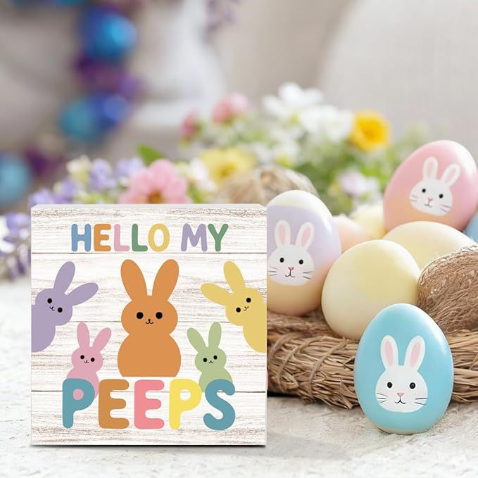 Easter Sign Cute Easter Peeps Decor Decorations Spring Bunny Table Decorations Decor Indoor for Home Office Desk Table Shelf Tiered Tray Hello My Peeps Wooden Sign 5 X 5 Inch