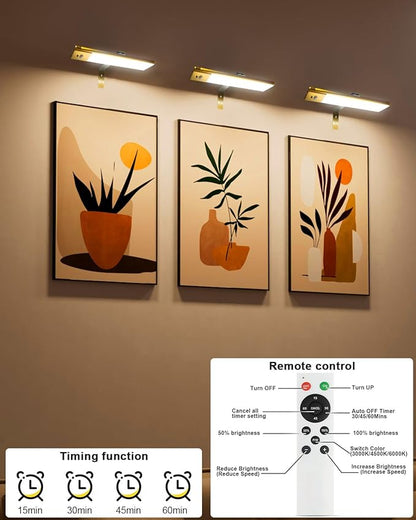 12" Picture Lights for Wall, Motion Sensor Rechargable Picture Light , Magnetic LED Art Painting Light with Timer, Remote & Dimmable Wall Lighting for Gallery, Paintings, Portraits, Bedroom (Gold)