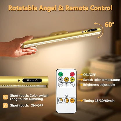 Rechargeable Magnetic LED Light Bar with Remote, Under Cabinet Lighting Wireless, Battery Powered Operated Wall Strip Lights, Dimmable Desk Lamp for Picture Mirror Closet Room – Gold