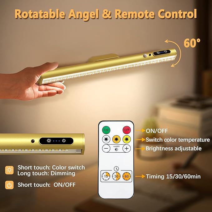 Rechargeable Magnetic LED Light Bar with Remote, Under Cabinet Lighting Wireless, Battery Powered Operated Wall Strip Lights, Dimmable Desk Lamp for Picture Mirror Closet Room – Gold