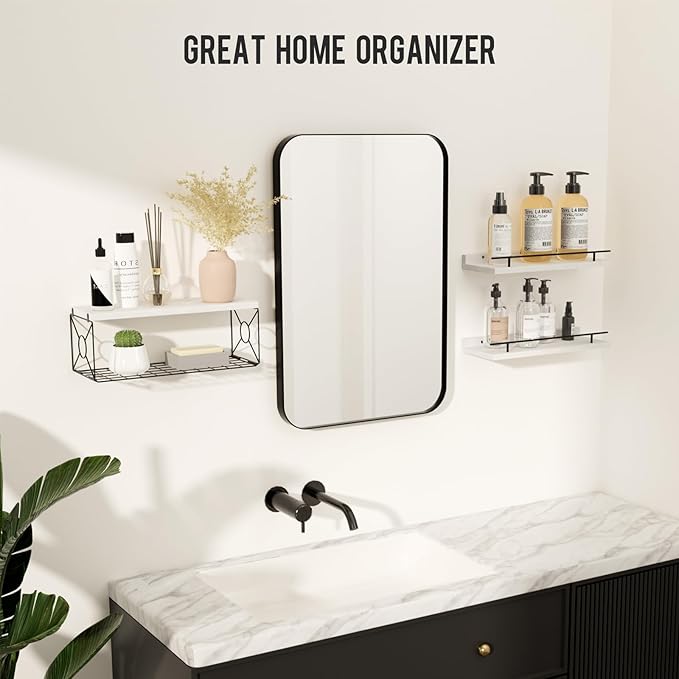 Floating Shelves for Wall, Floating Shelf for Wall Décor Set of 3, Bathroom Floating Shelves with Metal Toilet Paper Holder for Bathroom, Bedroom, Living Room, Kitchen, Office (White)
