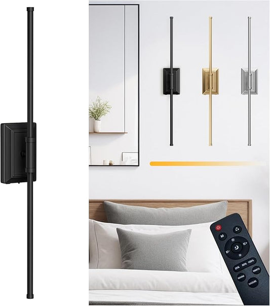 Battery Operated Wireless Wall Sconce - Modern Rechargeable Led Sconces in Black Gold Silver - Bedroom Decor Stick On Lights Set of 1 - Long Indoor Living Room Bathroom Remote Wall Light