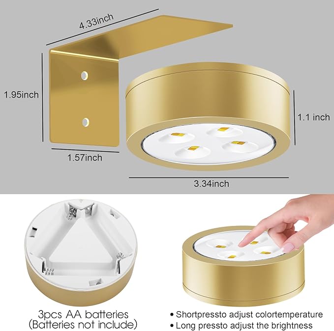 Picture Lights for Wall, 3 Lighting Modes Magnetic Art Display Light,Battery Operated Led Painting Light with Remote Control Dimmable & Timer,3Pack Gold