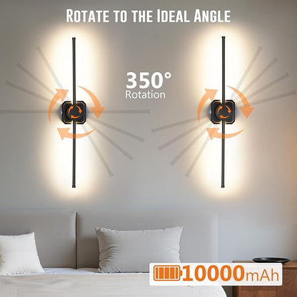 HEERTTOGO Battery Operated Wall Sconces Set of 2,10000Mah Living Room Wall Lights with Remote Control,360° Rotatable Dimmable 3-Color Temperature Led Rechargeable Wall Lamp for Bedroom,Hallway