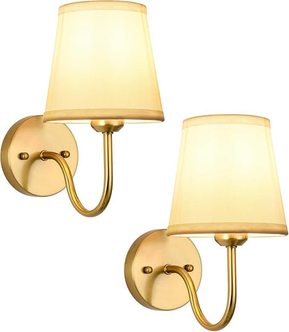 Wall Sconce Set of 2, Gold Bathroom Vanity Sconces Wall Lighting, Indoor Wall Lights with Light Beige Fabric Shades, Wall Mounted Lamps for Bedroom Living Room Hallway