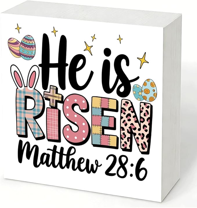 Christian Easter Decor He Is Risen Matthew 28:6 Wooden Sign, Religious Bible Verse Bunny Cross Design, Rustic Farmhouse Easter Desk Decorations for Home Living Room Shelf Plaque