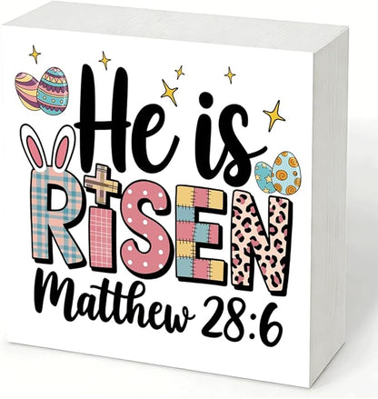 Christian Easter Decor He Is Risen Matthew 28:6 Wooden Sign, Religious Bible Verse Bunny Cross Design, Rustic Farmhouse Easter Desk Decorations for Home Living Room Shelf Plaque