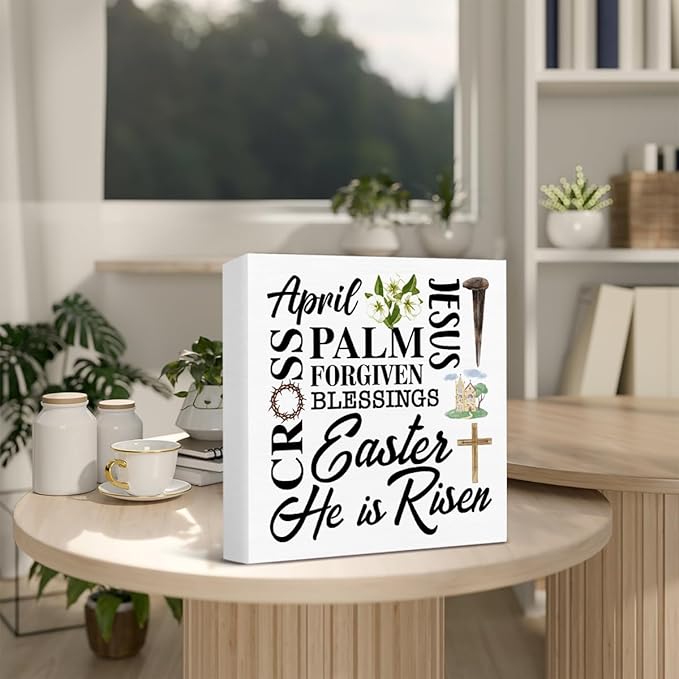 Easter Decor - Easter Decorations for Home - He Is Risen Wood Sign Home Office Living Room Bedroom Desk Shelf Table Tabletop Decor 5×5 Inches
