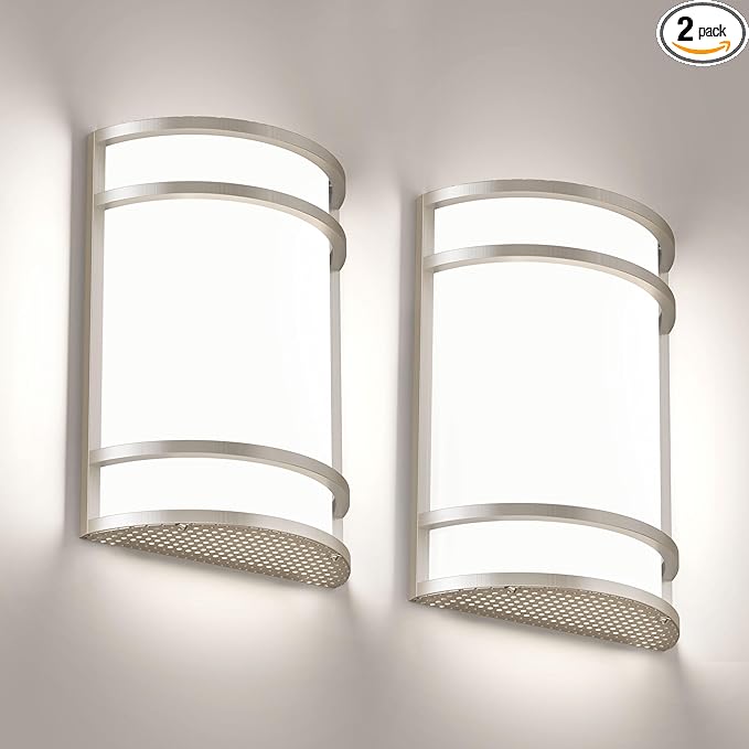 LED Indoor Wall Mount Light Fixture, Brushed Nickel Wall Sconce Lighting, 3000K 4000K 5000K Adjustable, Half Cylinder Hallway Light Fixture for Living Room Bedroom Porch 2 Pack