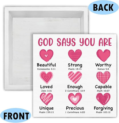 Valentines Day Decor - Valentines Decor - Christian Desk Sign - God Says You Are Loved Bible Verse Wood Sign Home Living Room Bedroom Desk Shelf Table Tabletop Decorations 5×5 Inches