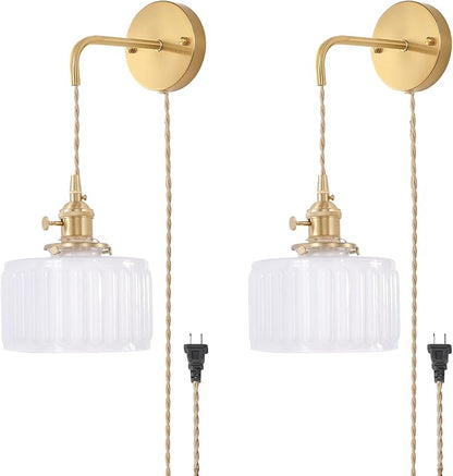 Vintage Wall Sconce with White Striped Glass Shade Hanging Wall Sconce with 4.9FT Plug in Cord, Modern Wall Lamp Fixtures Decor for Bedside Bedroom Indoor Doorway, Set of 2