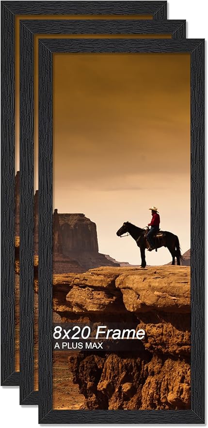 A PLUS MAX 8x20 Picture Frame Set of 3, Black Engineered Wood Frame for 8 x 20 Inch Picture Poster Photo, Light Weight 8 by 20 Frame with Wood-grain for Wall - 3 Pack/Black/8