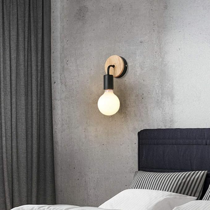 Vintage Loft Style Wooden Base Wall Lights Metal Lamp Minimalist Indoor Wall Sconces E26 Lamp Holder Lighting for Living Room Bedrooms (Bulb Sold Separately) (Black)