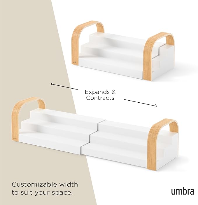Umbra Bellwood Three-Tier Spice Shelf, Expandable Design Made of Durable Plastic and Wood, Natural/White