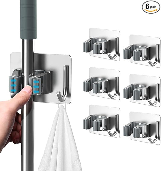 Mop Broom Holder No Drill, Mop Broom Organizer Wall Mounted Heavy Duty with Hooks Hanger, Self Adhesive Stainless Steel 6Pcs for Bathroom, Kitchen, Office (Silver)