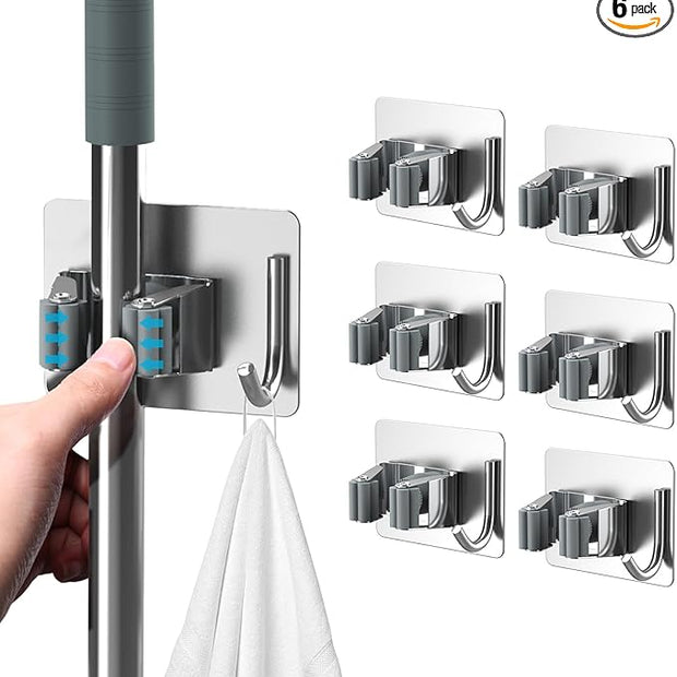 Mop Broom Holder No Drill, Mop Broom Organizer Wall Mounted Heavy Duty with Hooks Hanger, Self Adhesive Stainless Steel 6Pcs for Bathroom, Kitchen, Office (Silver)