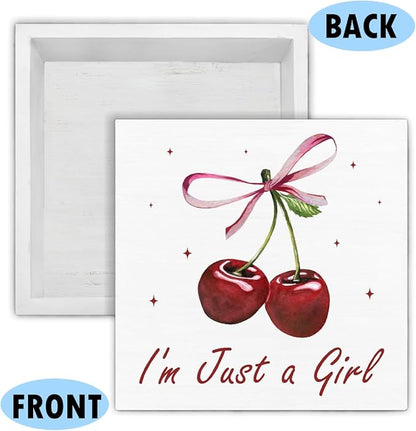 Cherry Decor - Bow Decor for Girls Room - Cherry Decoration for Home - I'm Just a Girl Wood Sign Home Girls Bedroom Nursery Dorm Desk Shelf Table Tabletop Decorations 5×5 Inches