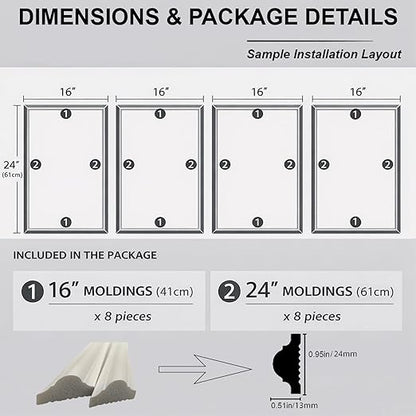 Peel and Stick Wall Molding Kit, Pre-Cut Mitered Picture Frame Molding for Wall (16" x 24"), DIY Wainscoting Wall Trim, Paintable Rigid PS Trim, 4 Panels, White