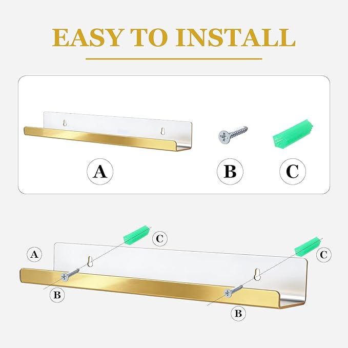 Blulu 8 Packs 14 Inch Acrylic Floating Shelf Wall Mounted Invisible Acrylic Shelf Ledge Floating Bookshelf for Living Room Office Bedroom Bathroom Kitchen Decoration Space Save (Golden)