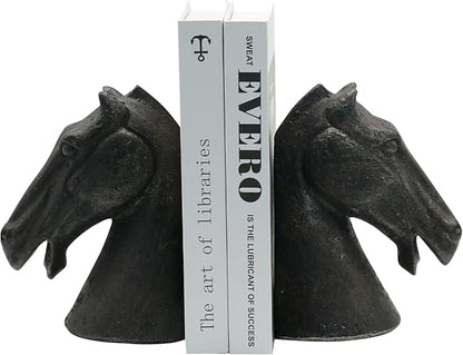 Lukitas Horse Head Decorative Bookends - Heavy Duty Non-Slip Book Holders, Modern Equestrian Ornaments for Office Home Bookshelf Decor, Black, Resin 7.5''