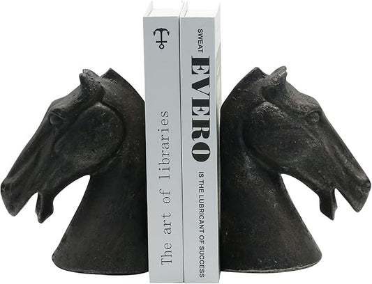 Lukitas Horse Head Decorative Bookends - Heavy Duty Non-Slip Book Holders, Modern Equestrian Ornaments for Office Home Bookshelf Decor, Black, Resin 7.5''