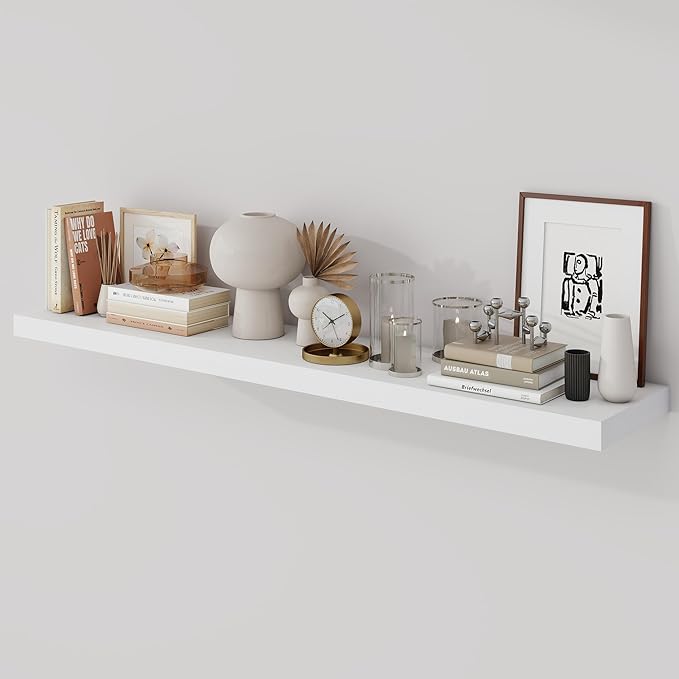 48 Inch Floating Shelves, 9.3" Deep Floating Shelf Wall Mounted, 48" Wall Shelves, Rustic Deep Bookshelf, Large Display Shelves & Storage Shelves for Bedroom, Living Room, White, Set of 1