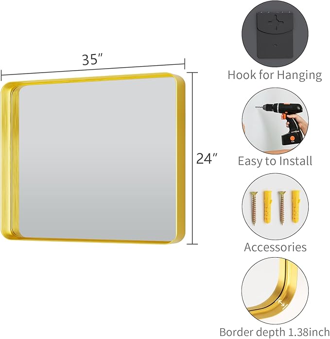 Koonmi Gold Wall Mirror for Bathroom, 24x35 Inch Matte Deep Framed Rounded Rectangle Vanity Mirror for Farmhouse Living Room, Tempered Glass, Anti-Rust, Vertically or Horizontally