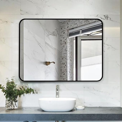 Black Bathroom Mirror 40X30 Inch, Black Metal Framed Mirror for Wall, Rounded Rectangle Matte Bathroom Vanity Mirror with Tempered Glass, Anti-Rust, Horizontal/Vertical