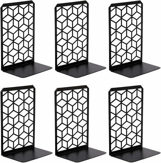 Geomod 3D Cube Black Metal Bookends Decorative for Heavy Books - Sturdy Boho Book Stops - Minimal Book Shelf Stopper - Durable Office Bookends - Weighted Metal Book Holders - 7x4.75 Inches - 3 Pair