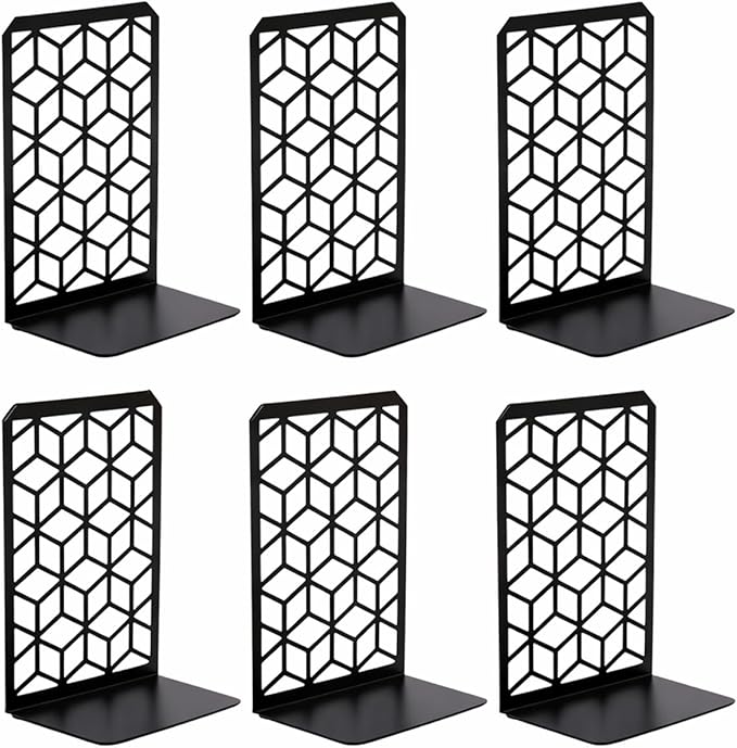 Geomod 3D Cube Black Metal Bookends Decorative for Heavy Books - Sturdy Boho Book Stops - Minimal Book Shelf Stopper - Durable Office Bookends - Weighted Metal Book Holders - 7x4.75 Inches - 3 Pair