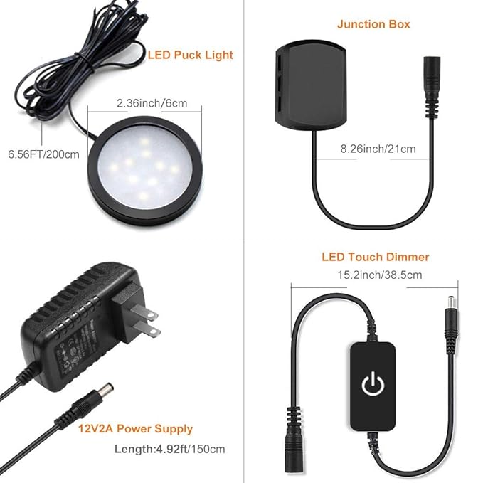 YGS-Tech LED Puck Lights, Under Cabinet Lighting Black Trim, 3000K Warm White, CRI90+, Touch Dimming, All Accessories Included, Under Counter Lighting for Kitchen, Closet Lights, Safe Light, 3-Pack