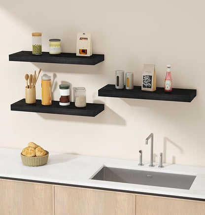 Vervida® 6 Pack Black Floating Shelves,24" W x 5.8" D x 1.5" H, Holds Up to 37 Lbs, Ideal for Living Room, Bedroom, Bathroom, Kitchen, Office, Storage, Display, with Invisible Brackets Wall Shelves
