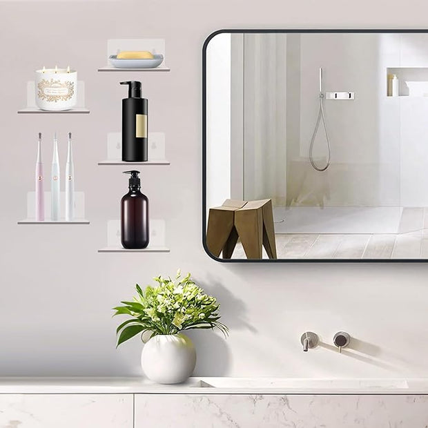 10 Pack 4 Inches Small Acrylic Wall Shelves,Clear Floating Shelves with Dual Installation (Adhesive & Screws), for Storing Surveillance Cameras, Speakers, Perfume Bottles, Plants