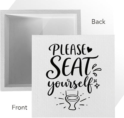 Funny Rustic Bathroom Decor Wooden Box Sign 5x5 Inch - "PLEASE SEAT yourself" Humorous Restroom Shelf Table Decor, Farmhouse Style Wall Countertop Ornament for Home Guest Bathroom Housewarming Gift