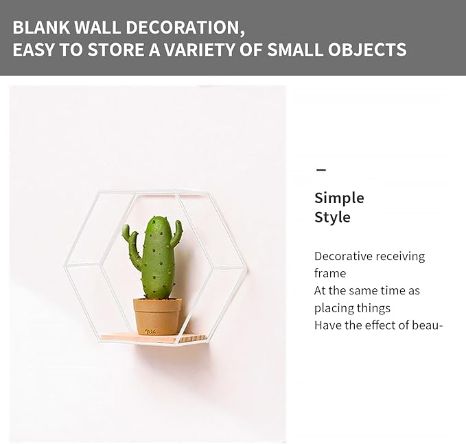 Modern Metal White Hexagonal Floating Shelves - Set of 3, Wood Partition Shelves for Bedroom, Living Room, Kitchen, Office, Plants and Art